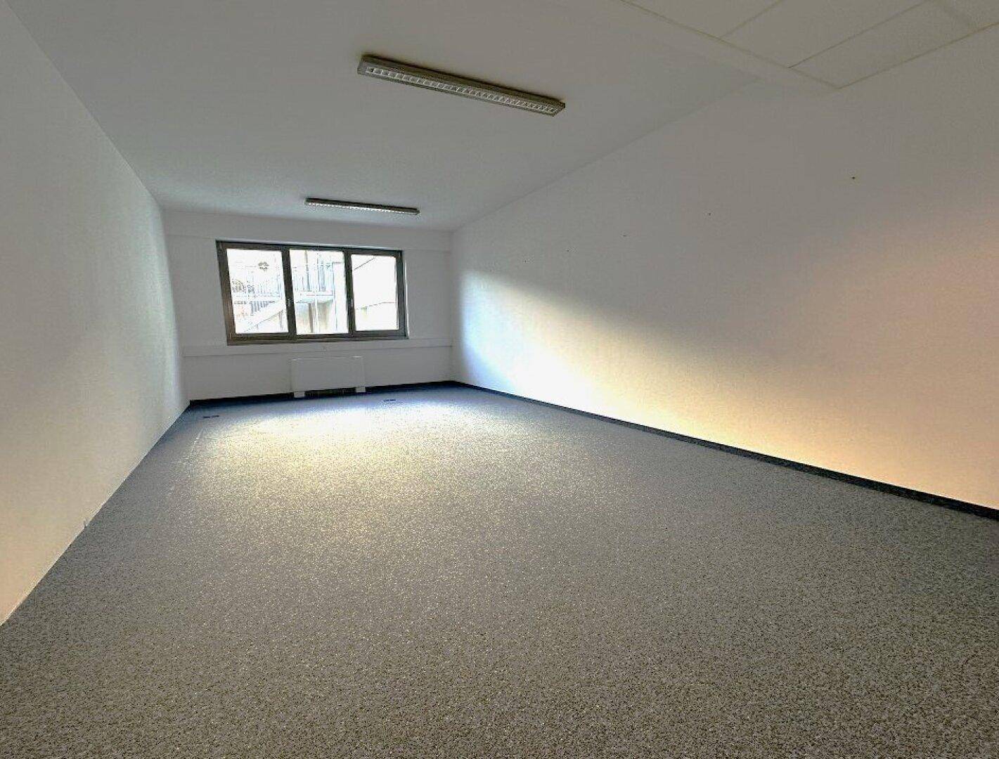 Heller Büroraum mit Teppichboden und Fenstern, die einen Blick auf die Umgebung bieten.