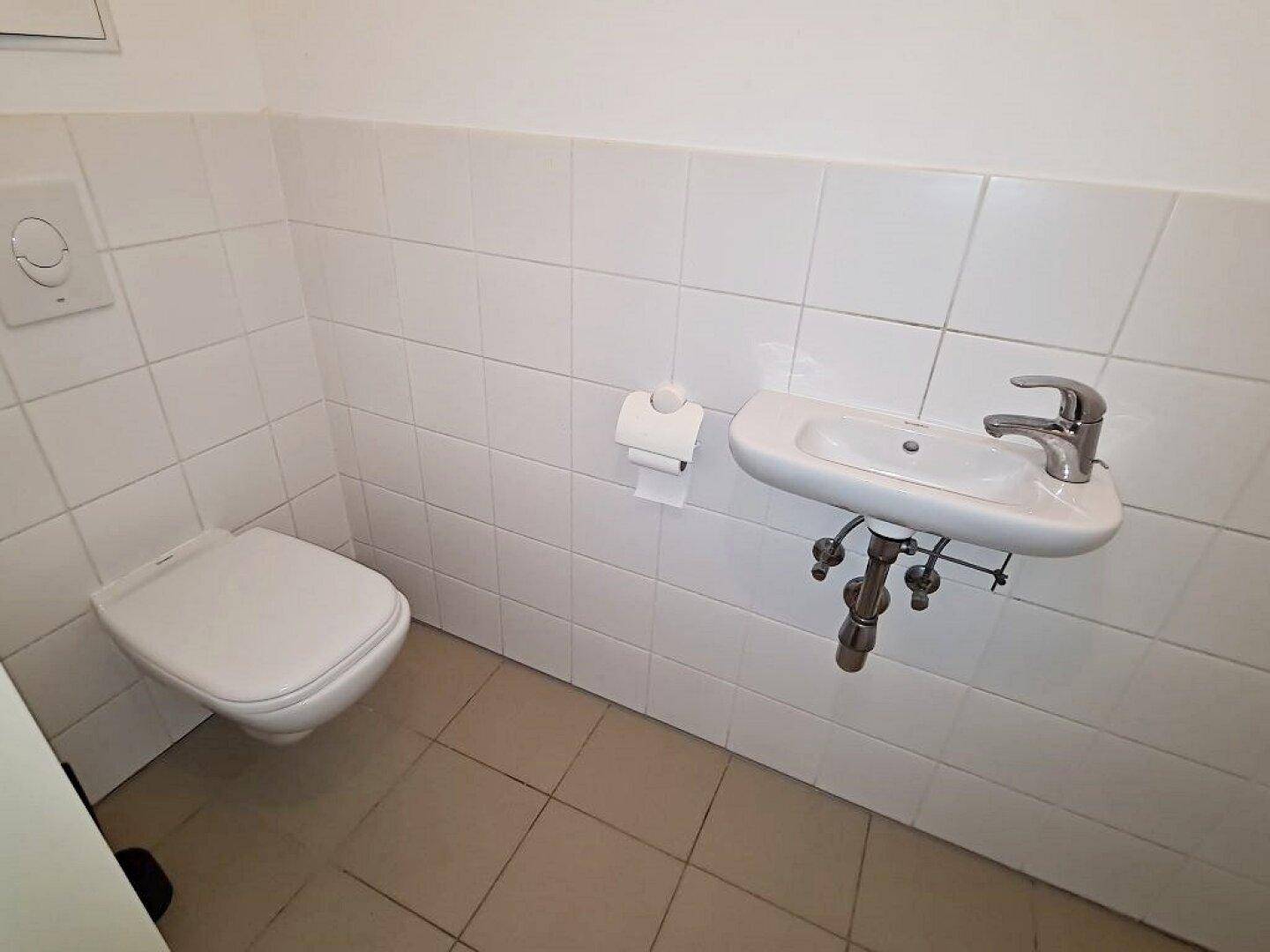 Separates WC mit wandhängender Toilette und kleinem Handwaschbecken, komplett gefliest.