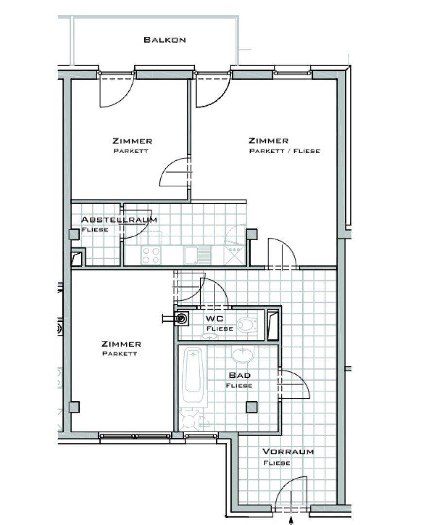 Grundriss einer Wohnung mit drei Zimmern, Bad, WC, Abstellraum und Balkon.