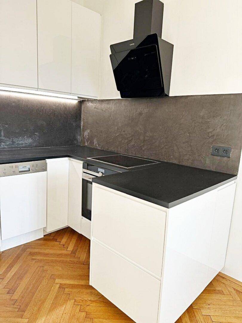 Detailansicht der modernen Küche mit Induktionskochfeld, Backofen, Geschirrspüler und Dunstabzugshaube.