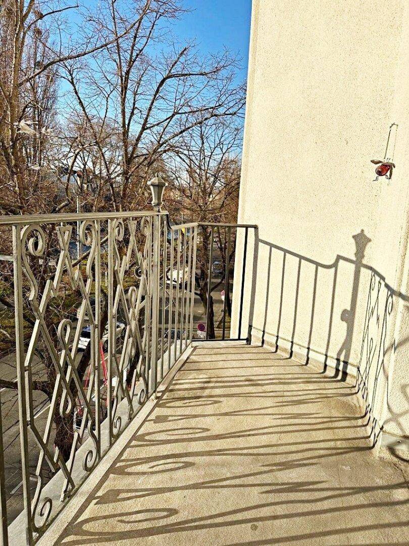 Sonniger Balkon mit schmiedeeisernem Geländer und Blick auf die kahlen Bäume im Winter.