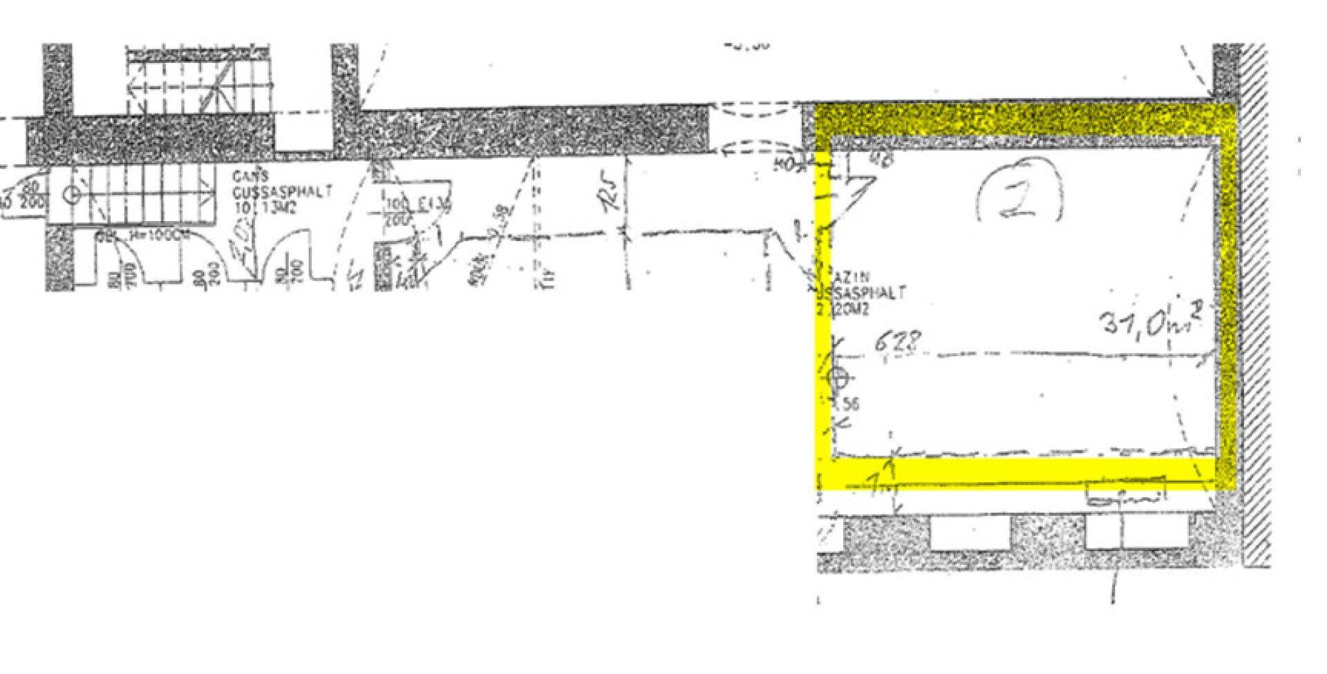 Grundrissplan eines Bereichs von 37,0m² mit angrenzendem Treppenhaus, hervorgehoben für bessere Sichtbarkeit.