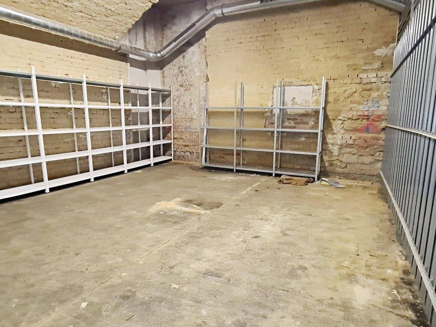 Kellerraum mit praktischen Metallregalen entlang der Ziegelwände und einem robusten Betonboden für Lagerzwecke.