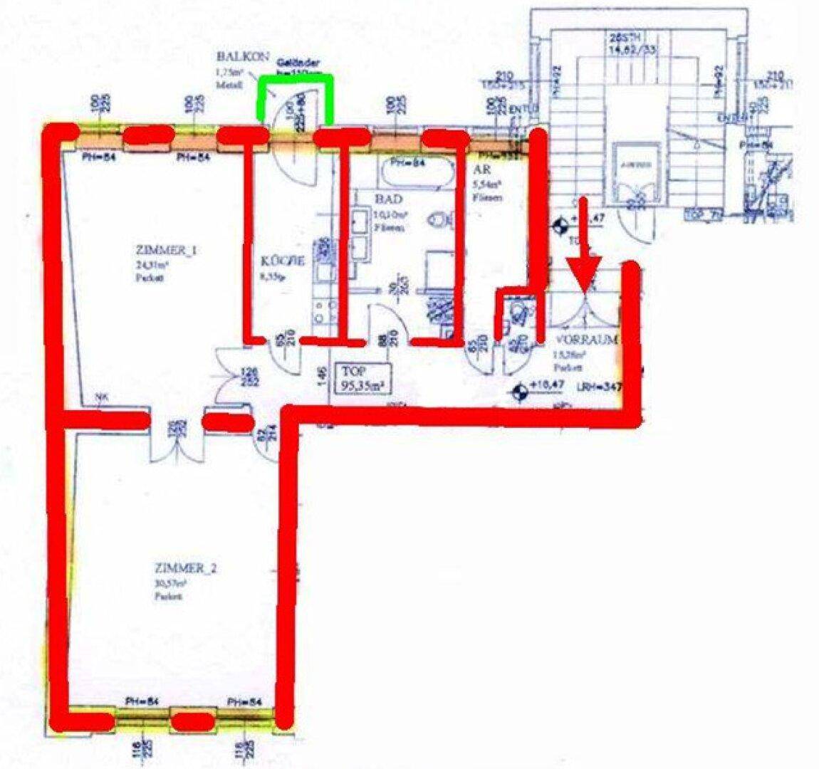 Grundriss einer Wohnung mit zwei Zimmern, separater Küche, Bad und einem Balkon.