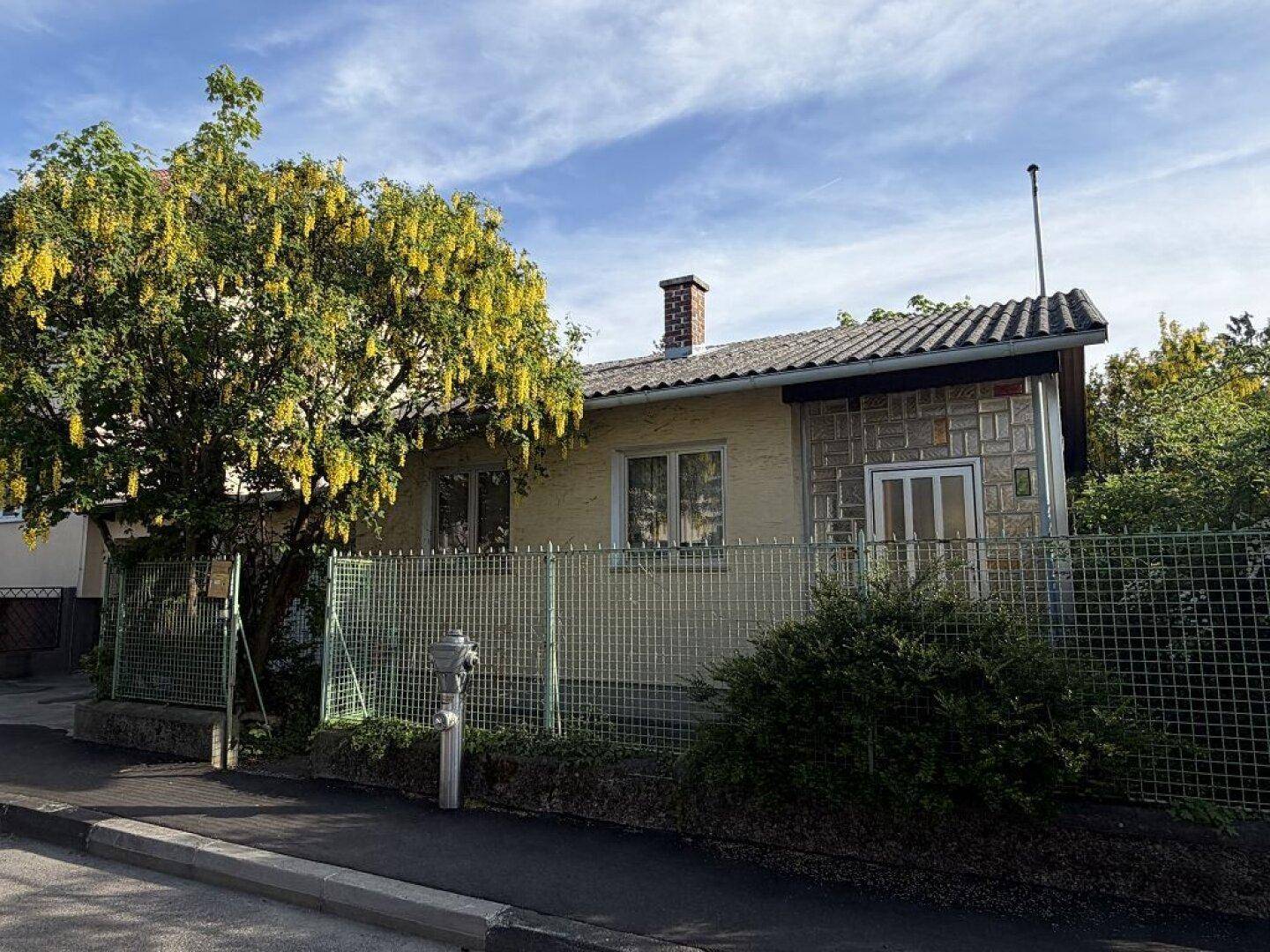 Vorderansicht eines älteren Hauses von der Straße aus, umgeben von einem Zaun und blühendem Baum.