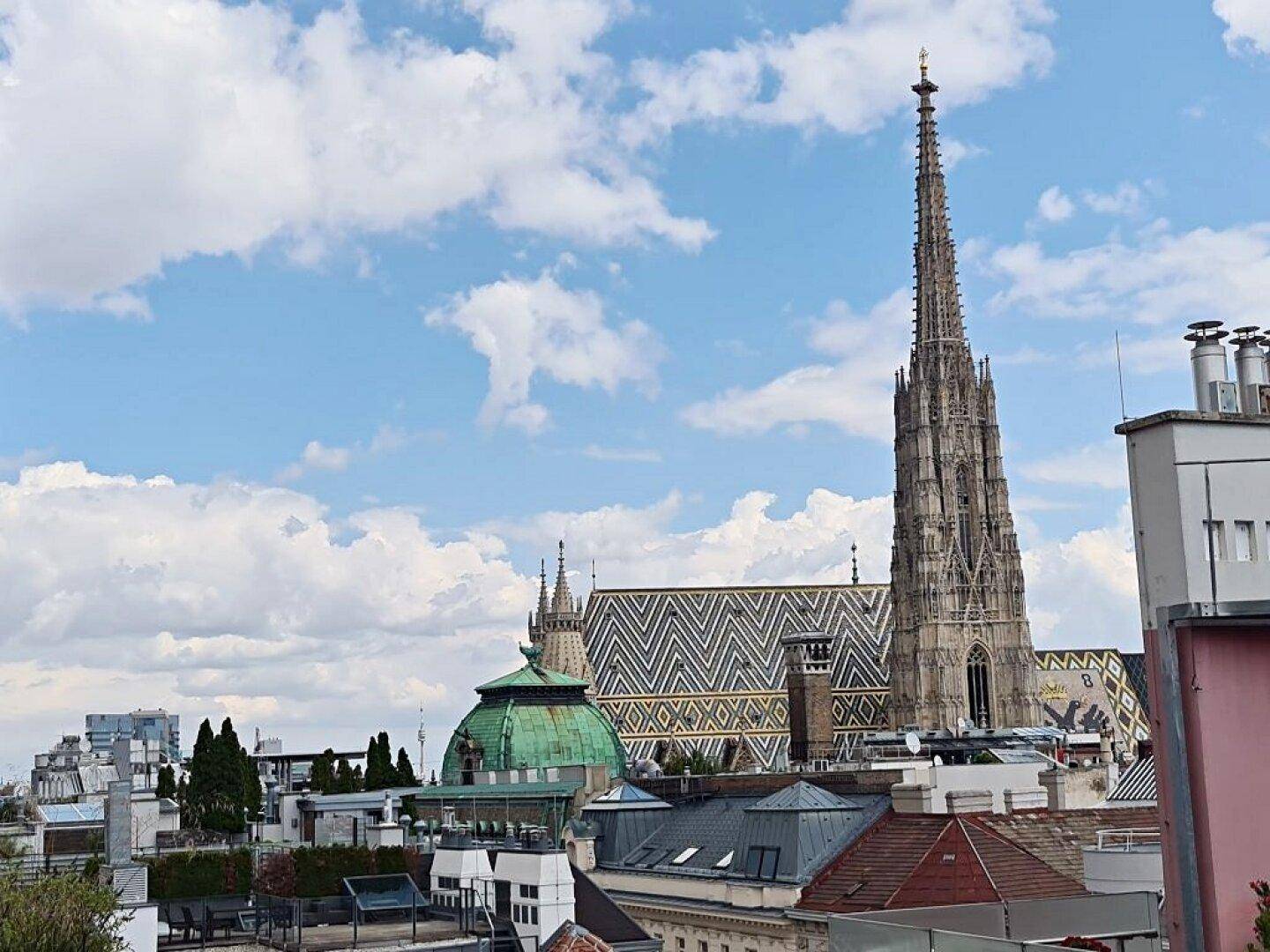 Panoramablick über die Dächer der Stadt mit dem Stephansdom unter blauem Himmel.