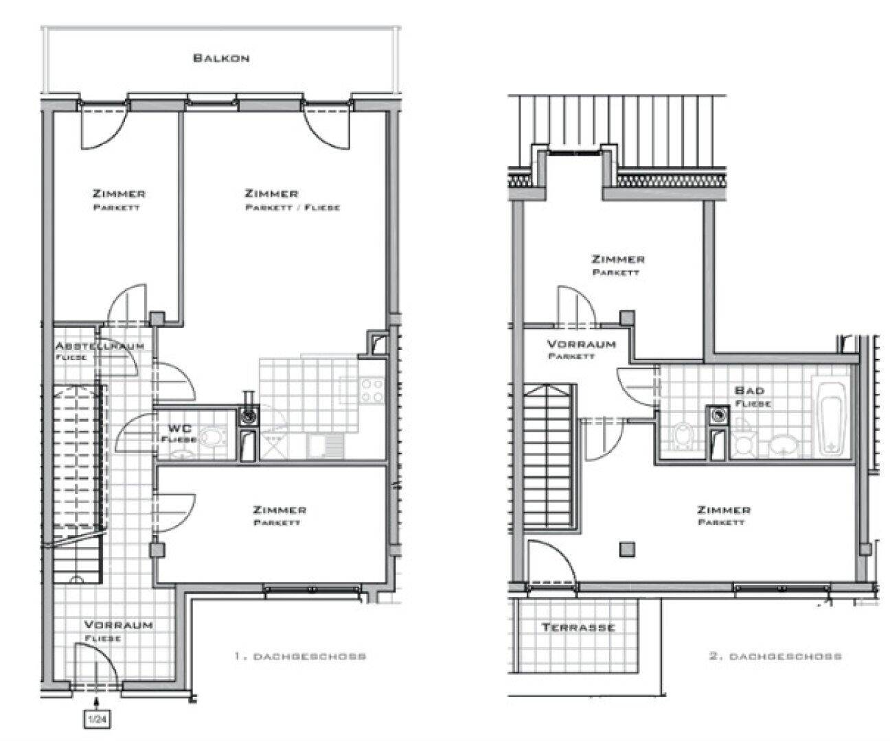 Grundriss der Dachgeschosse mit Balkon und Terrasse, zeigt eine effiziente Raumaufteilung.