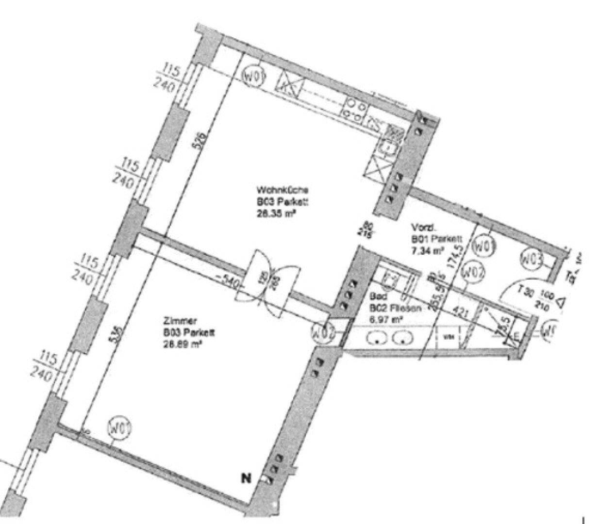 Grundriss einer Wohnung mit Wohnküche, einem Zimmer und Badezimmer, inklusive Maßangaben.