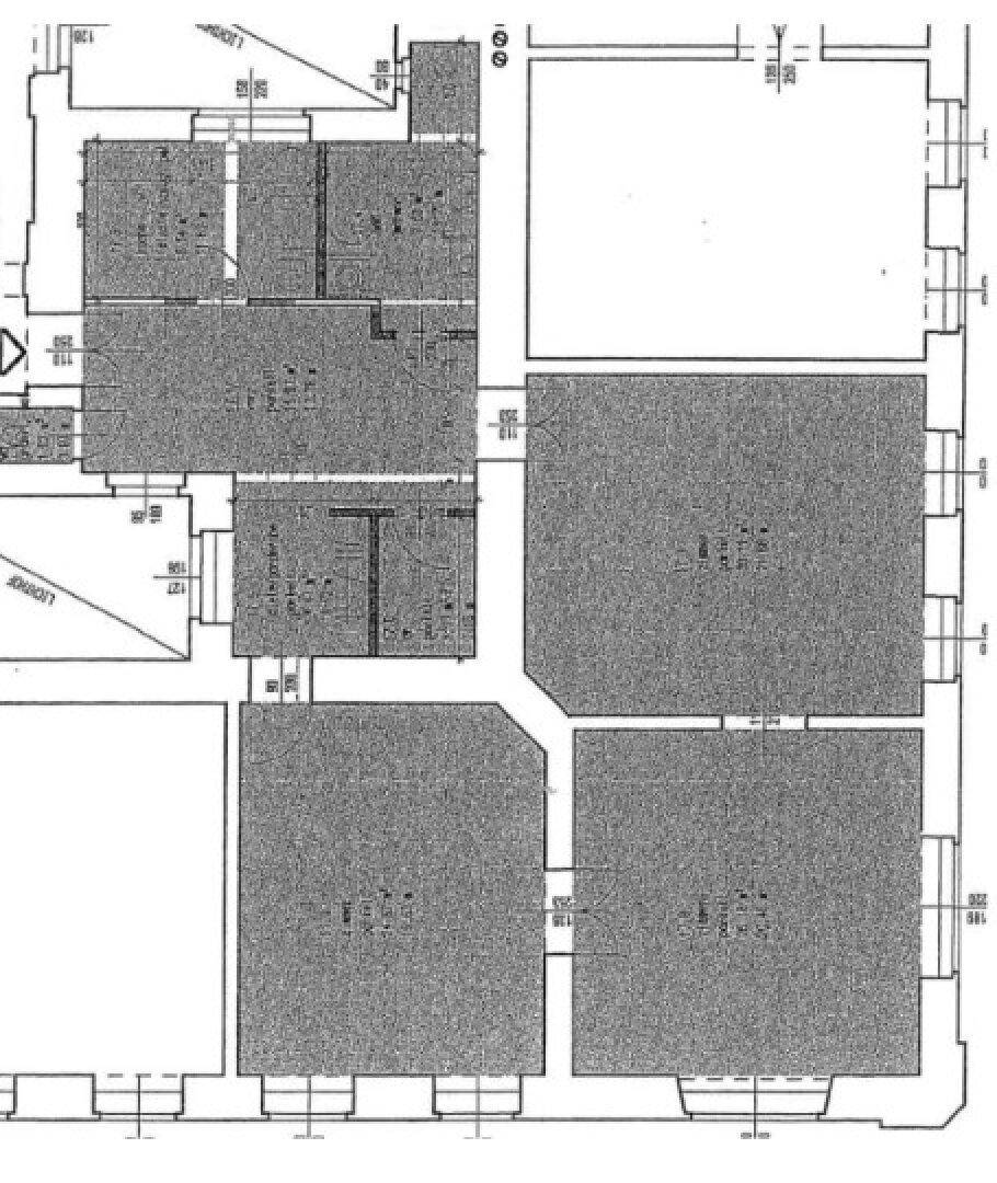 Grundrissplan mit mehreren Einheiten, offenen Bereichen und Bädern, sowie Fenstern zum Lichthof.