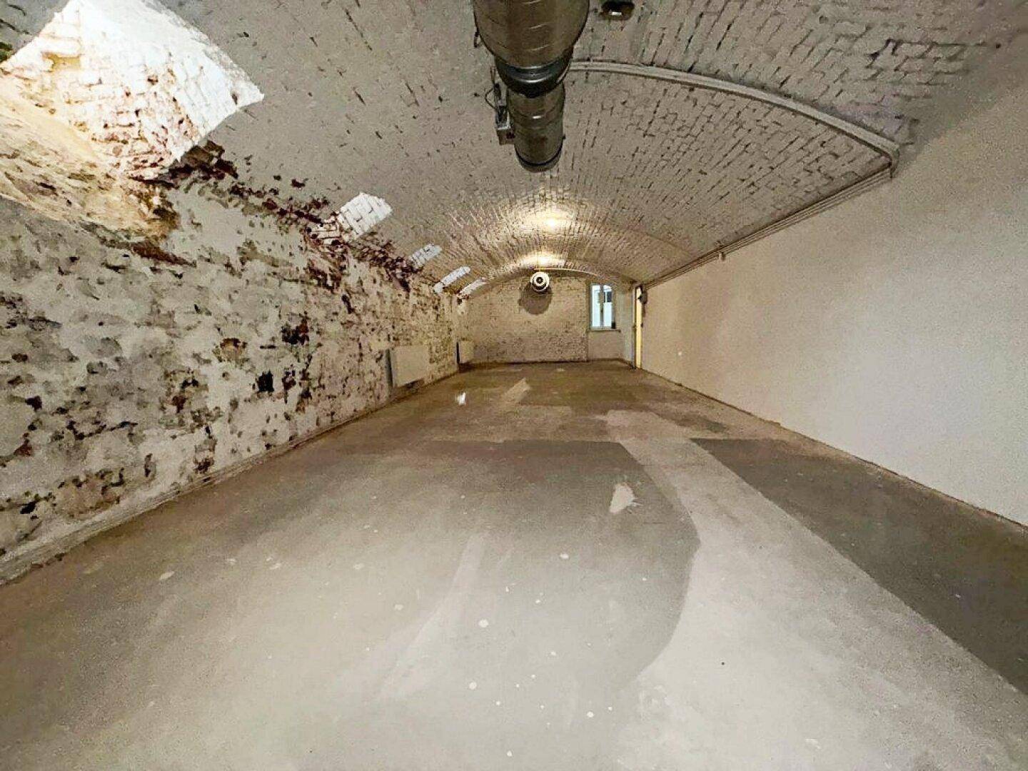 Geräumiger Kellerraum mit langer, gewölbter Ziegeldecke und robustem Betonboden, bereit für vielfältige Nutzung.