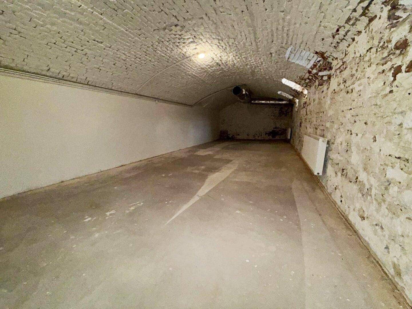 Tiefer, gewölbter Kellerraum mit weiß gestrichener Ziegeldecke und glattem Betonboden, bereit zur Nutzung.