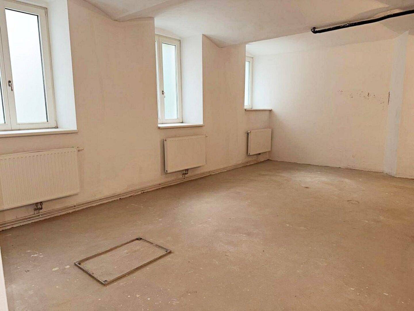 Heller Kellerraum mit Betonboden, weißen Wänden, Heizkörpern und mehreren Fenstern für natürliches Licht.