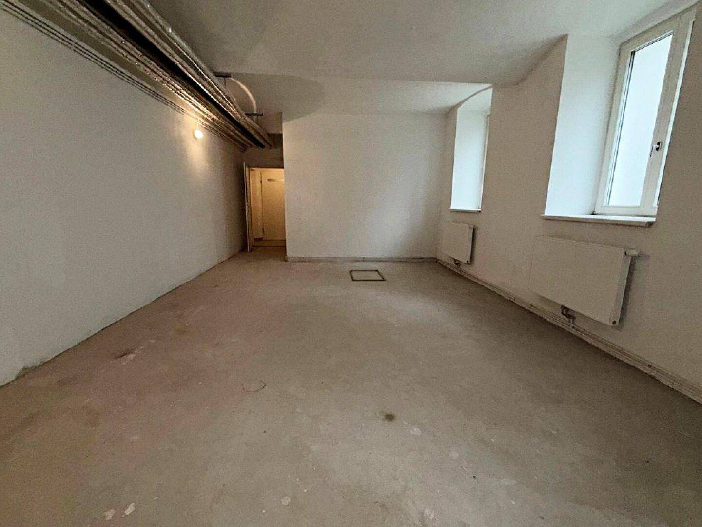 Geräumiger Kellerraum mit Betonboden, weißen Wänden, sichtbaren Leitungen und Fenstern für Tageslicht.