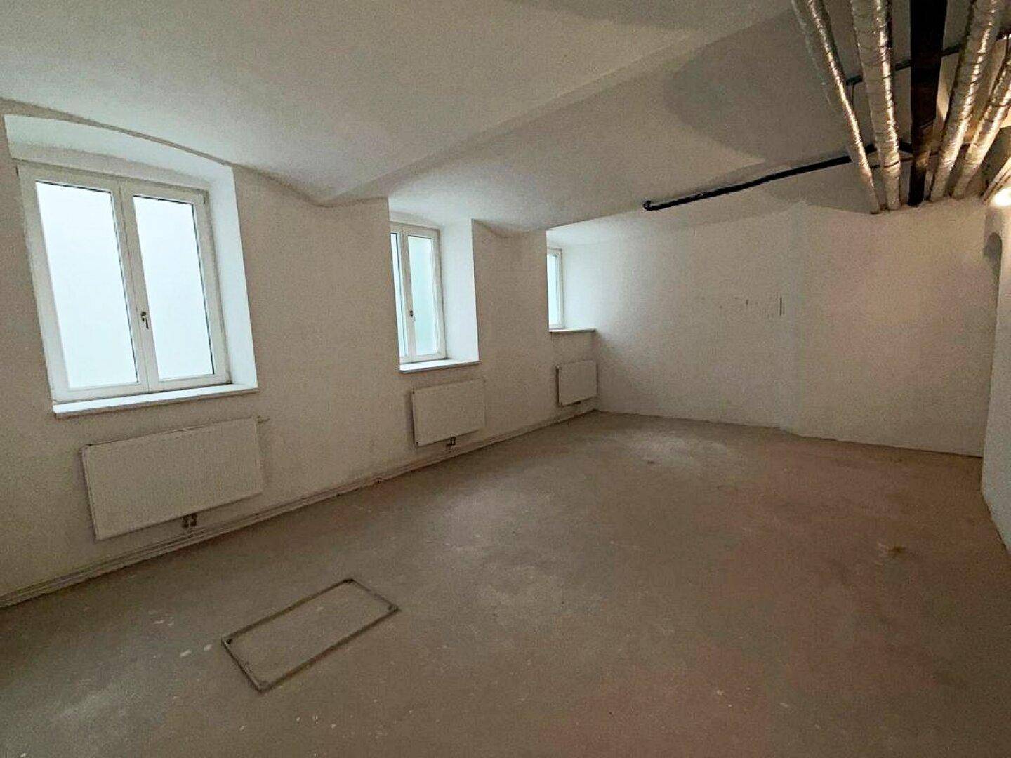 Kellerraum mit Betonboden, weißen Wänden, sichtbaren Deckenleitungen und Fenstern für Tageslicht.