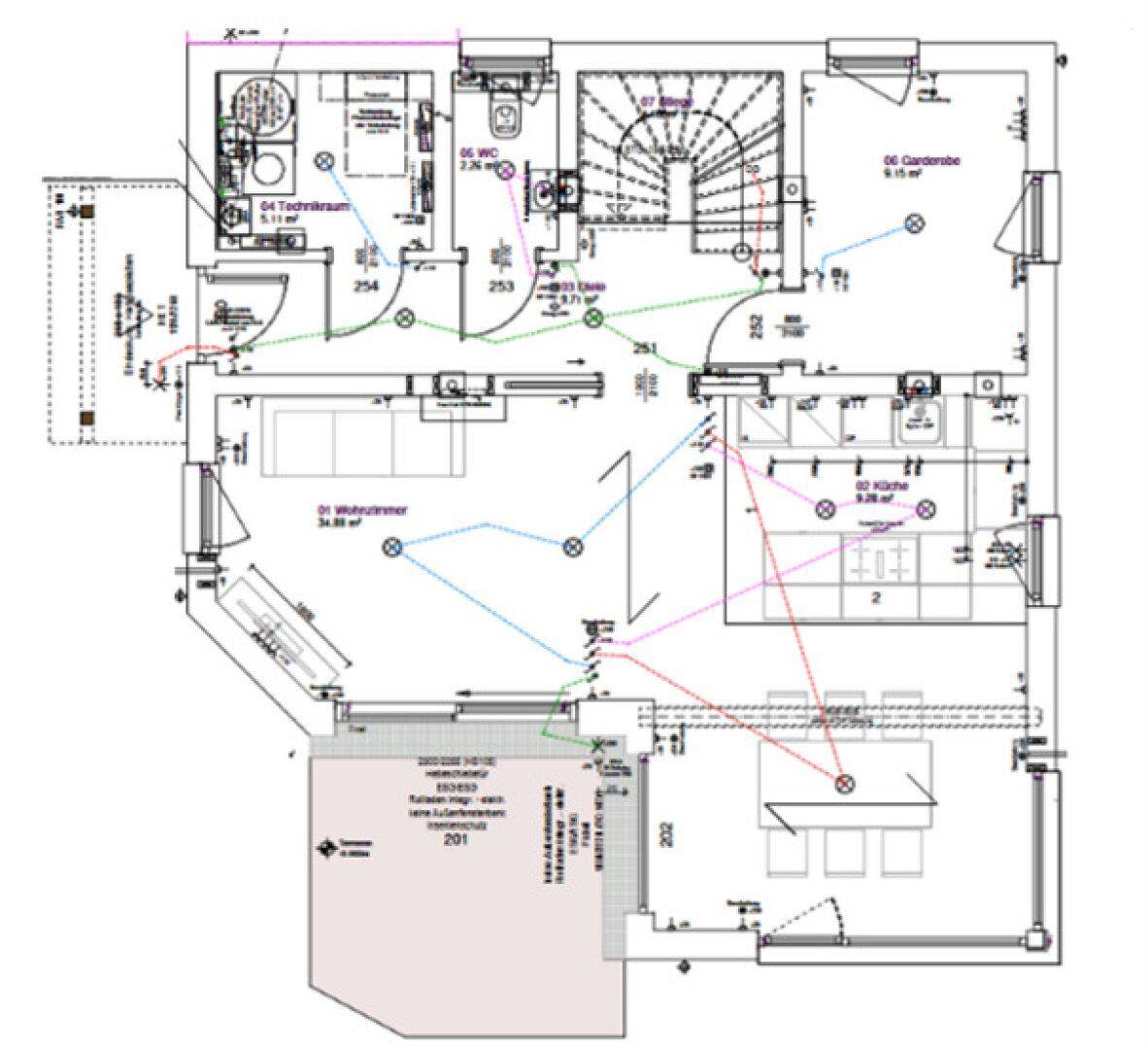 Grundriss des Erdgeschosses mit Wohnzimmer, Küche, Technikraum und Gäste-WC.