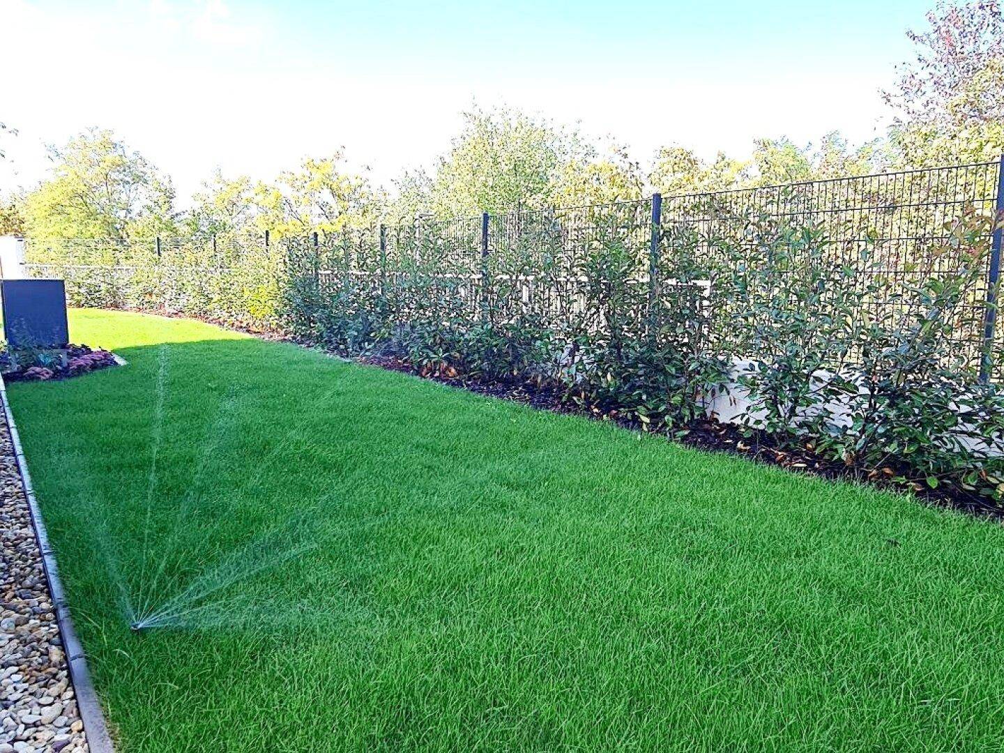 Langer, gepflegter Gartenbereich mit Rasenfläche und einer dichten Hecke.