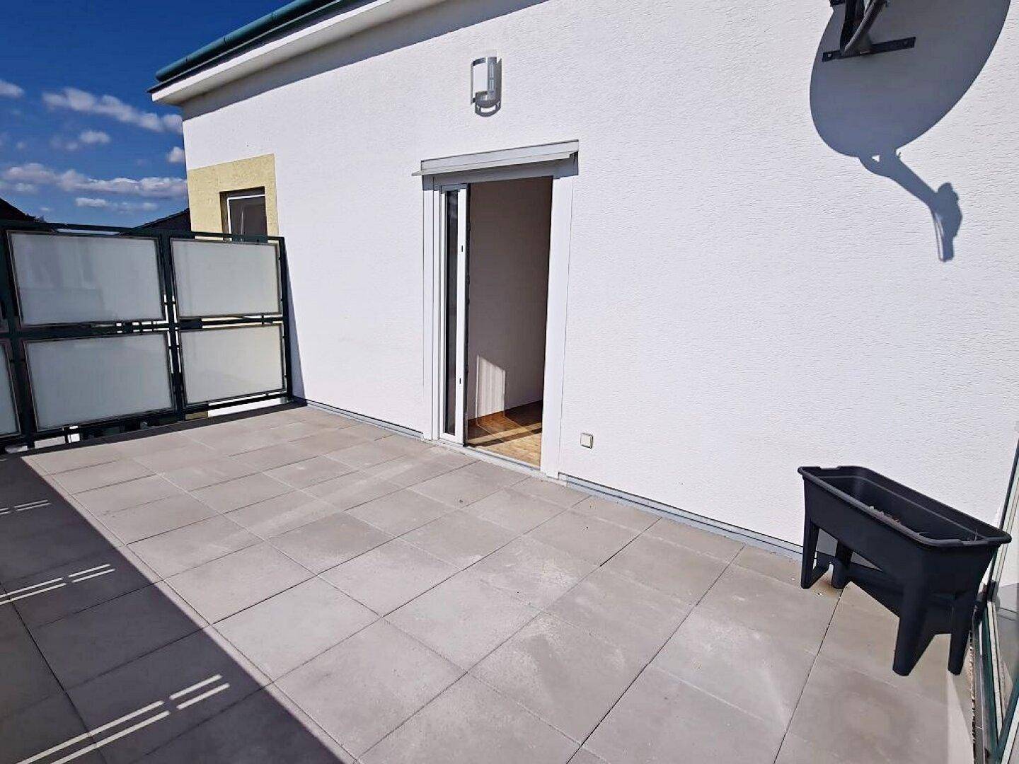 Sonnige Terrasse mit Fliesenboden, Glasbrüstung und einem Pflanzgefäß, mit Zugang zum Innenbereich.