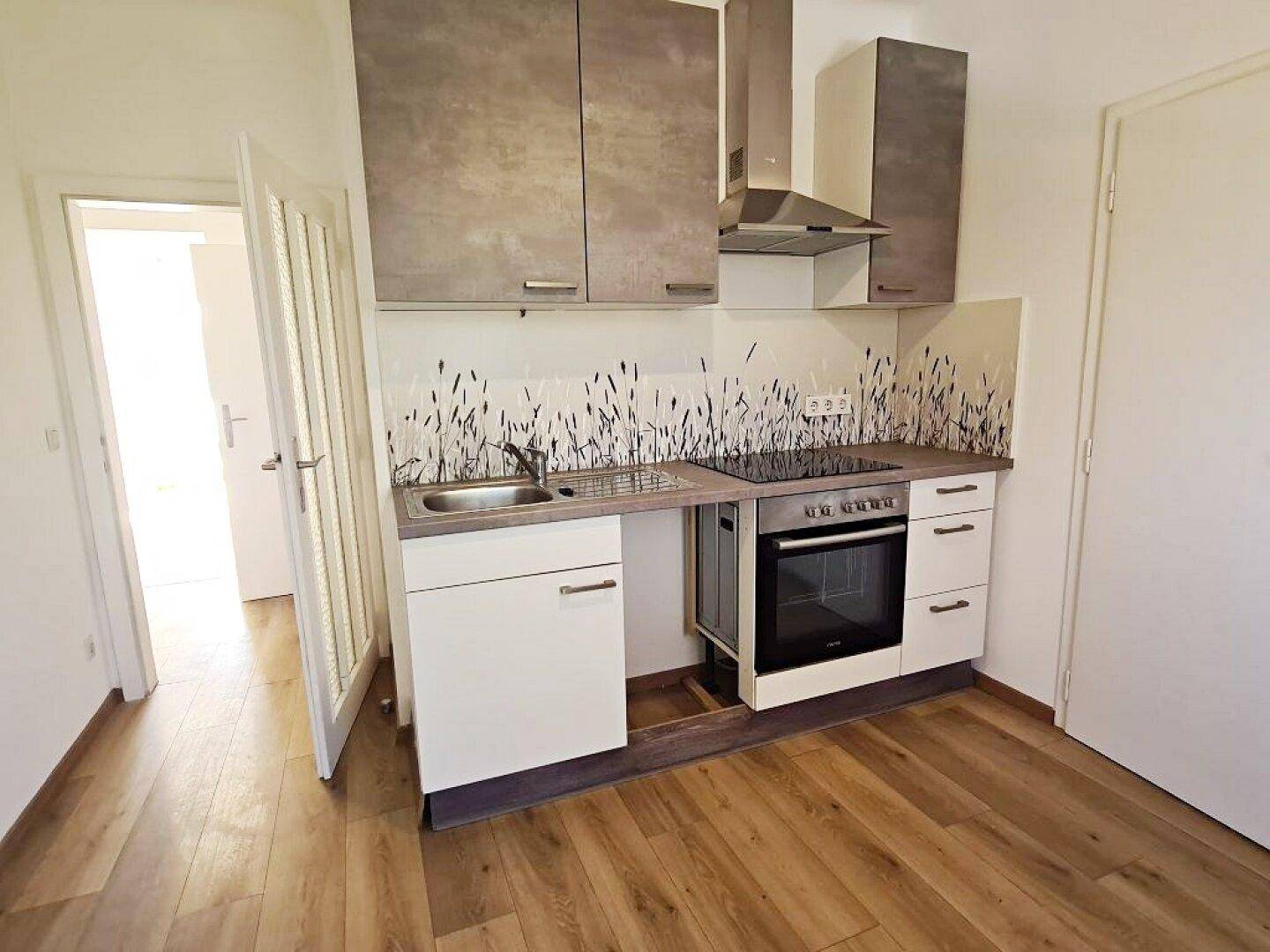 Kleine Einbauküche mit Laminatboden, Kochfeld, Backofen und Dunstabzugshaube.