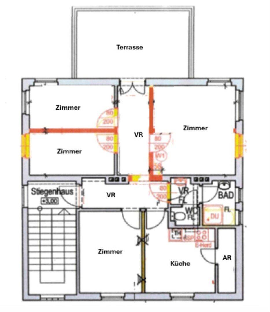 Grundrissplan mit mehreren Zimmern, Küche, Bad und einer großen Terrasse im Obergeschoss.