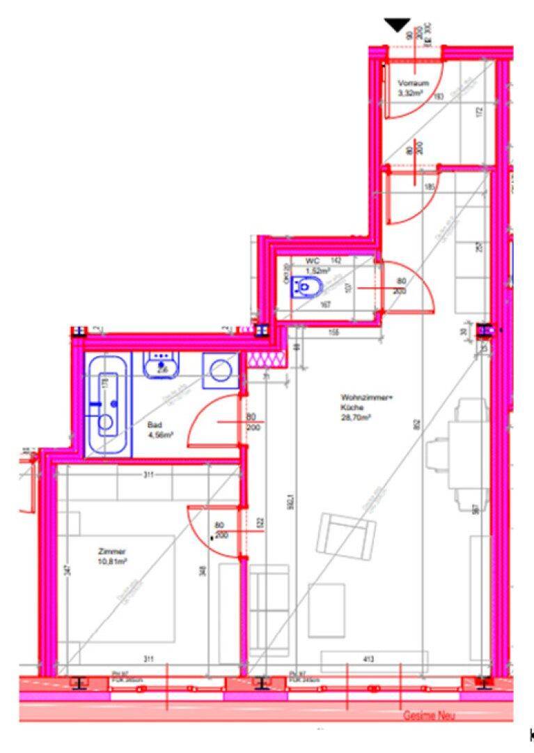 Detaillierter Grundriss einer Wohnung mit Wohnzimmer, Schlafzimmer, Bad und separatem WC.