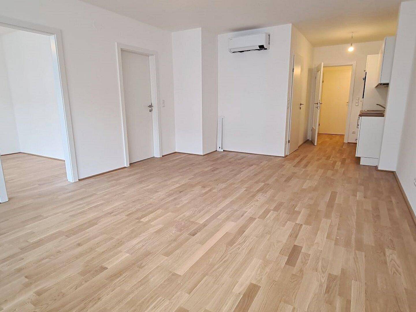 Offener Wohnbereich mit Parkettboden, Klimaanlage und integrierter Kochnische, ideal für Singles oder Paare.