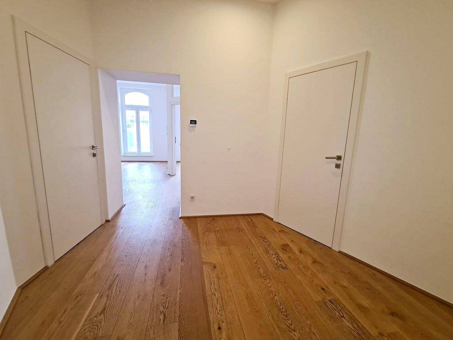 Geräumiger Flur mit Holzdielenboden und zwei weißen Türen, der den Blick in einen weiteren hellen Raum freigibt.