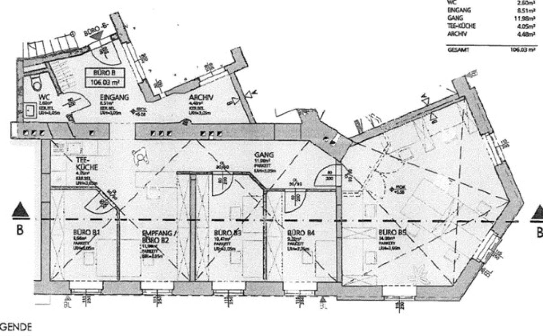 Grundrissplan mit mehreren Büroräumen, Teeküche, Eingangsbereich und Toiletten auf 106,03 m² Gesamtfläche.