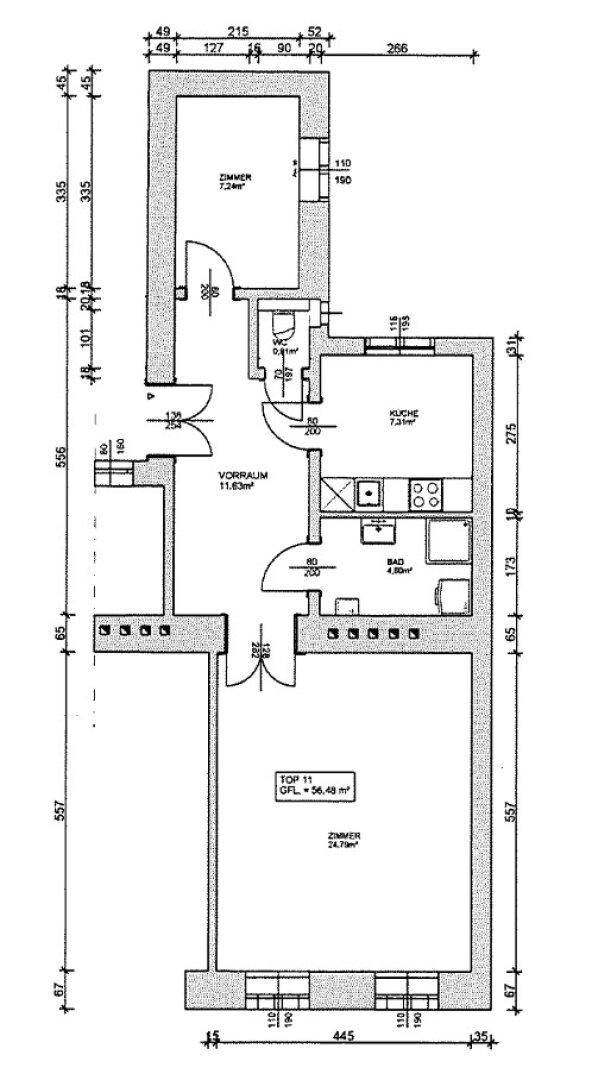 Detaillierter Grundriss einer Wohnung mit klar definierten Bereichen und Flächenangaben.