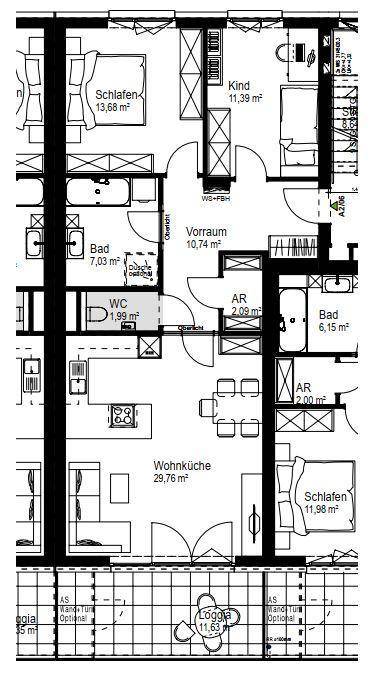 Detaillierter Grundriss einer Wohnung mit mehreren Zimmern, Bädern und Loggia.
