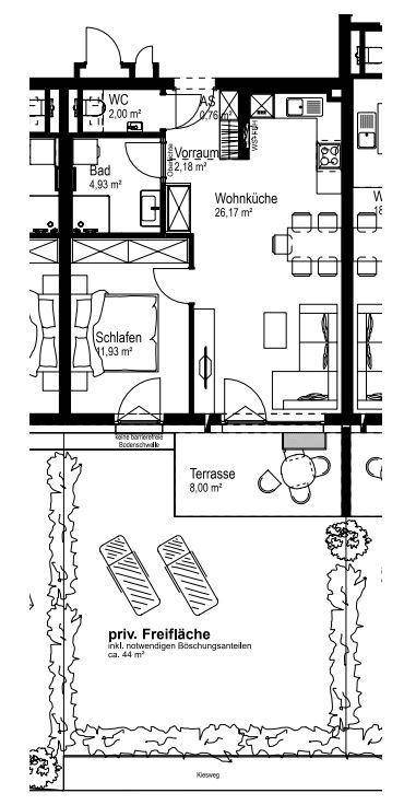 Grundriss einer Wohnung mit offener Wohnküche, Schlafzimmer, Bad, WC und privater Terrasse mit Garten.