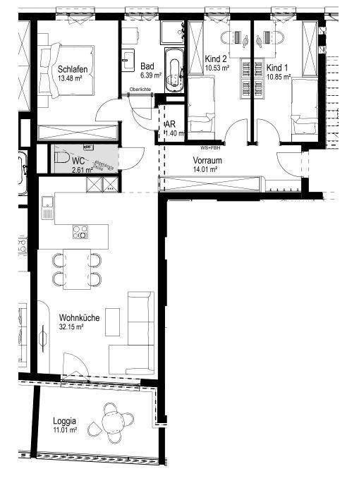 Grundriss einer Wohnung mit Wohnküche, drei Schlafzimmern, Bad, separatem WC und Loggia.