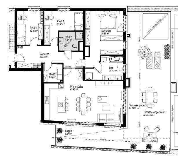 Detaillierter Grundriss einer Wohnung mit offener Wohnküche, mehreren Schlafzimmern und großer Terrasse.