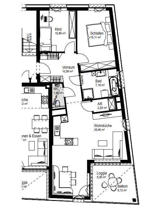 Grundriss einer Wohnung mit offener Wohnküche, zwei Bädern und Zugang zu Loggia und Balkon.
