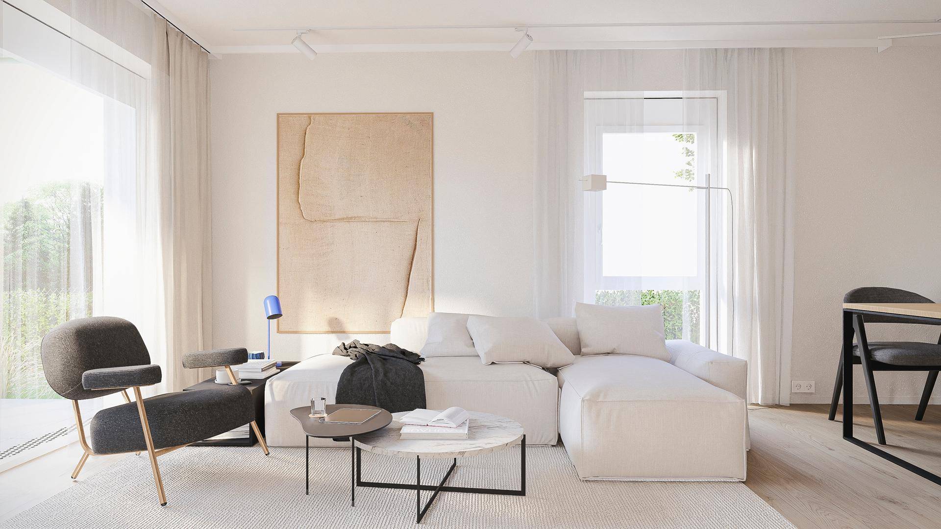 Heller, offener Wohn-Essbereich mit modernem Design, großen Fenstern und Holzboden.