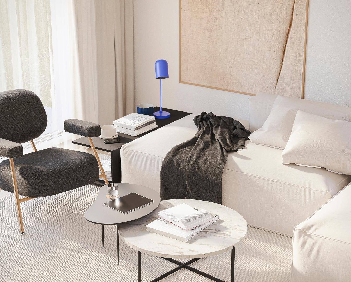 Detailansicht des modernen Wohnzimmers mit bequemer Couch, Marmortisch und stilvoller Dekoration.
