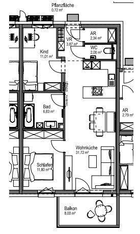Detaillierter Grundriss einer Wohnung mit Wohnküche, Schlafzimmern, Bad, WC und Balkon.