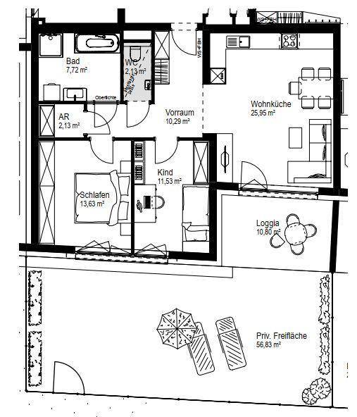 Detaillierter Grundriss mit Schlafzimmer, Kinderzimmer, Wohnküche, Bad, WC und Loggia.