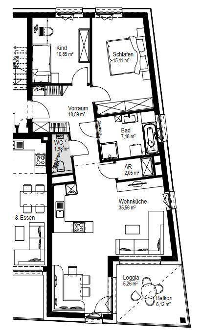 Grundriss einer Wohnung mit Wohnküche, Schlafzimmer, Kinderzimmer, Bad, WC, Loggia und Balkon.