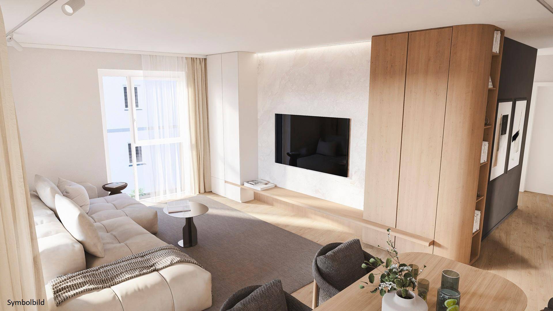 Lichtdurchfluteter Wohnbereich mit großem Ecksofa, integriertem Fernseher und eleganten Holzverkleidungen.