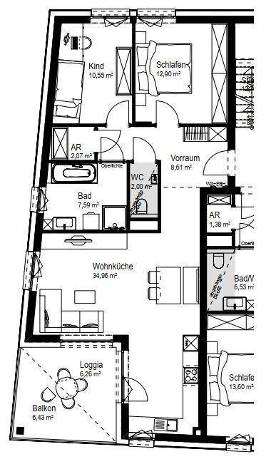 Grundriss einer Wohnung mit offener Wohnküche, zwei Bädern, Loggia und Balkon.