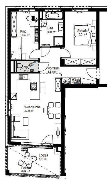 Grundriss einer Wohnung mit Wohnküche, Schlafzimmer, Kinderzimmer, Bad, WC, Loggia und Balkon.