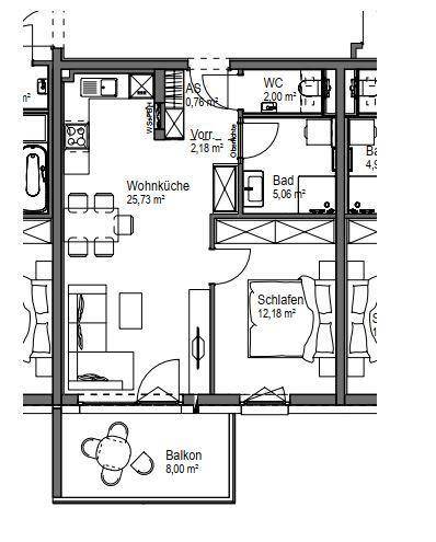 Grundriss einer Wohnung mit offener Wohnküche, Schlafzimmer, Bad, WC und Balkon.