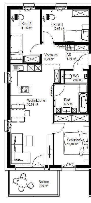 Detaillierter Grundriss einer Wohnung mit Wohnküche, drei Schlafzimmern und Balkon.