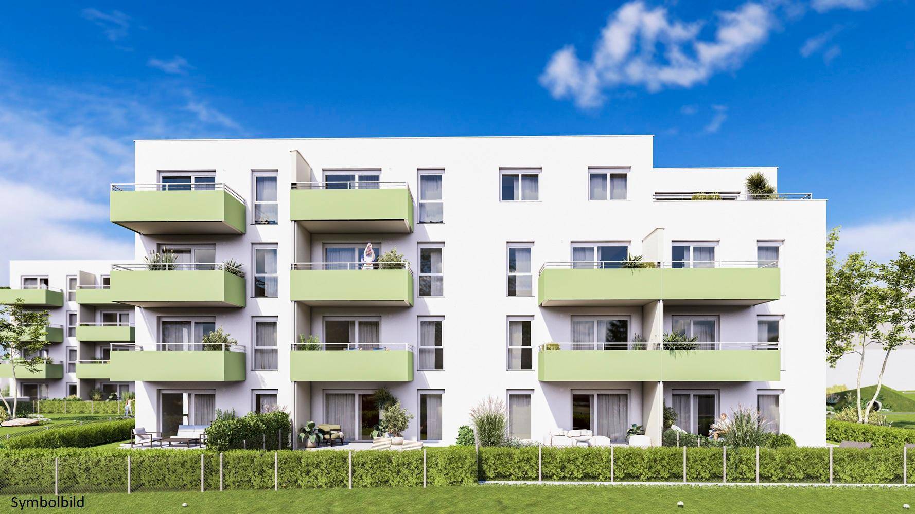 Visualisierung eines modernen Mehrfamilienhauses mit weißer Fassade und grünen Balkonen.