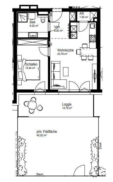 Grundriss einer modernen Wohnung mit Wohnküche, Schlafzimmer, Bad und großer Loggia.
