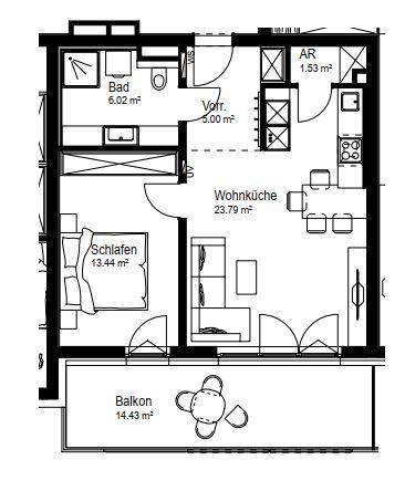 Grundriss einer Wohnung mit Wohnküche, Schlafzimmer, Bad und Balkon.