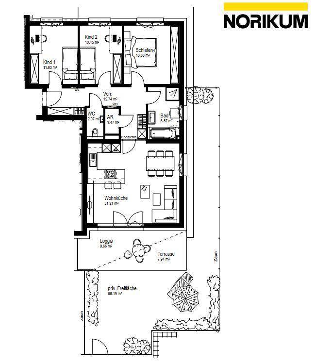 Detaillierter Grundriss einer Wohnung mit Wohnküche, Loggia, Terrasse und Gartenanteil.