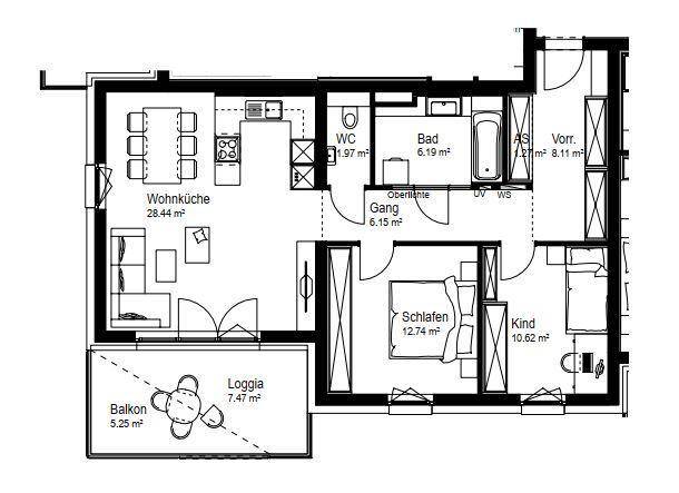 Grundriss einer Wohnung mit offener Wohnküche, zwei Schlafzimmern und Loggia.