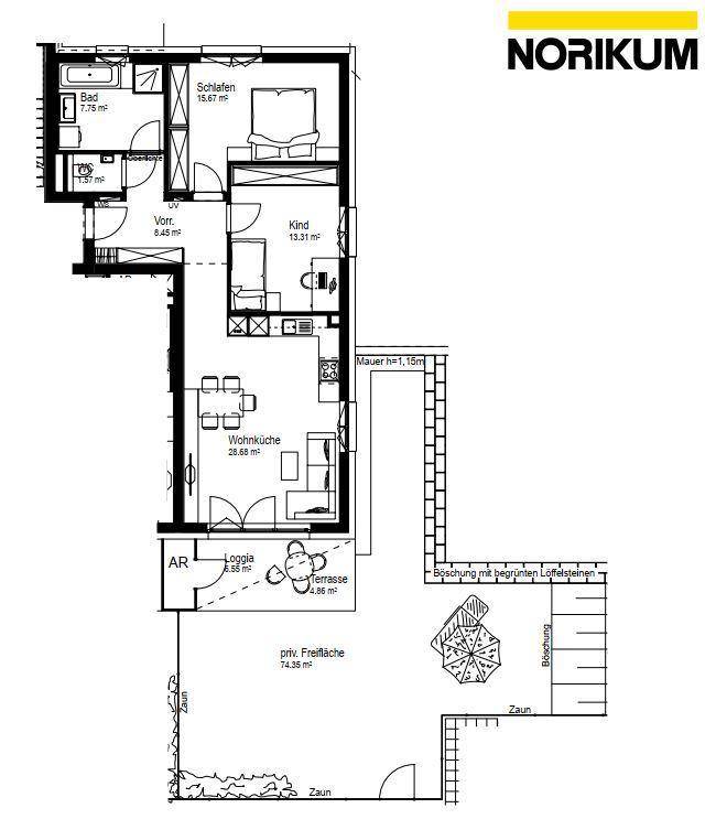 Grundriss einer Wohnung mit Wohnküche, zwei Schlafzimmern, Loggia und Terrasse.