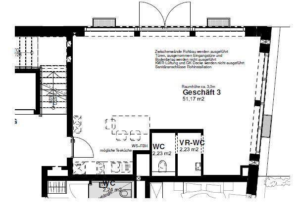 Grundriss einer Gewerbefläche von 51,17 m² mit zwei WCs und der Option für eine Teeküche.